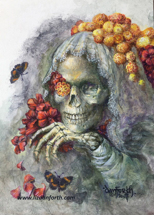 Painting of folklore figure La Muerta, a skeletal bride surrounded by nasturtiums and marigolds.